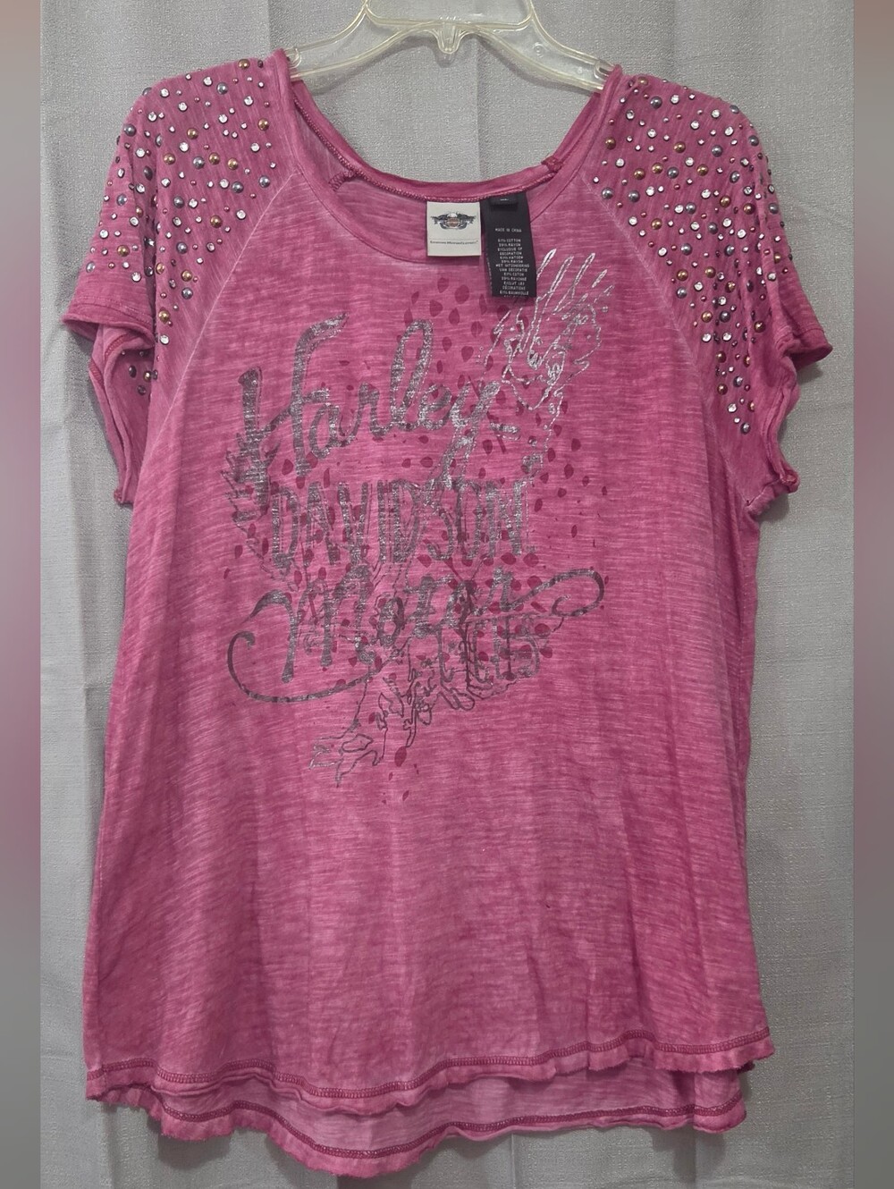 Harley Davidson Women's Scoop Neck Heathered Pink Studded Short Sleeves XL